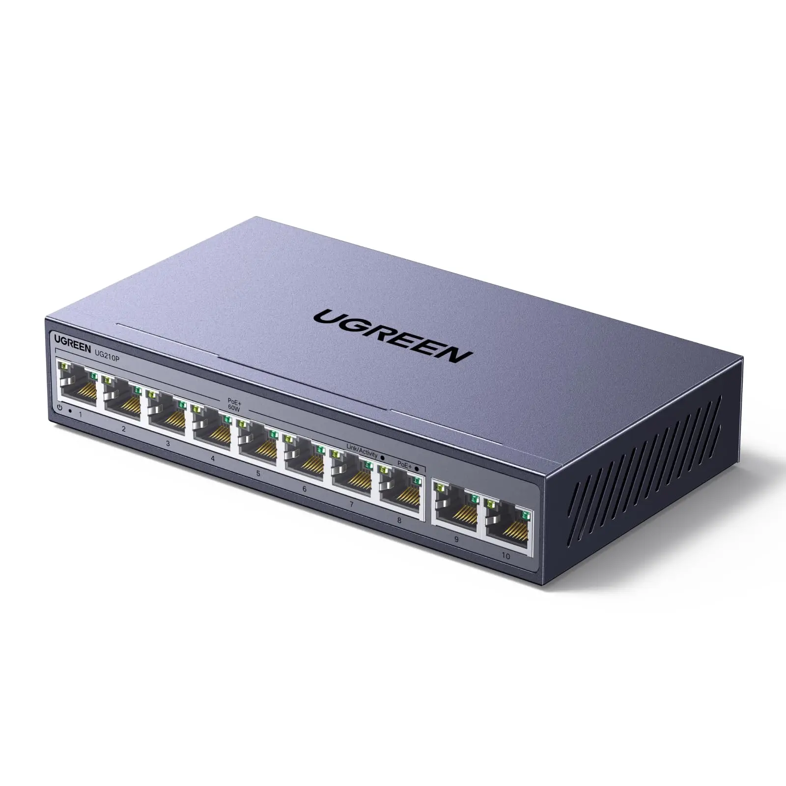 UGREEN Ethernet Switch, 10-Port PoE Switch, 8 PoE+@60W + 2 Gigabit Uplink,Wall Mount Network Splitter for Security Camera
