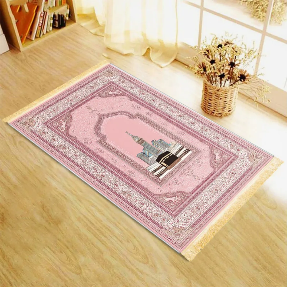 Pink Gold Kaaba Mecca Floral Arch Islamic Prayer Rug Polyester Portable Muslim Salah Mat Ramadan Gift Home Decor Prayer Carpet