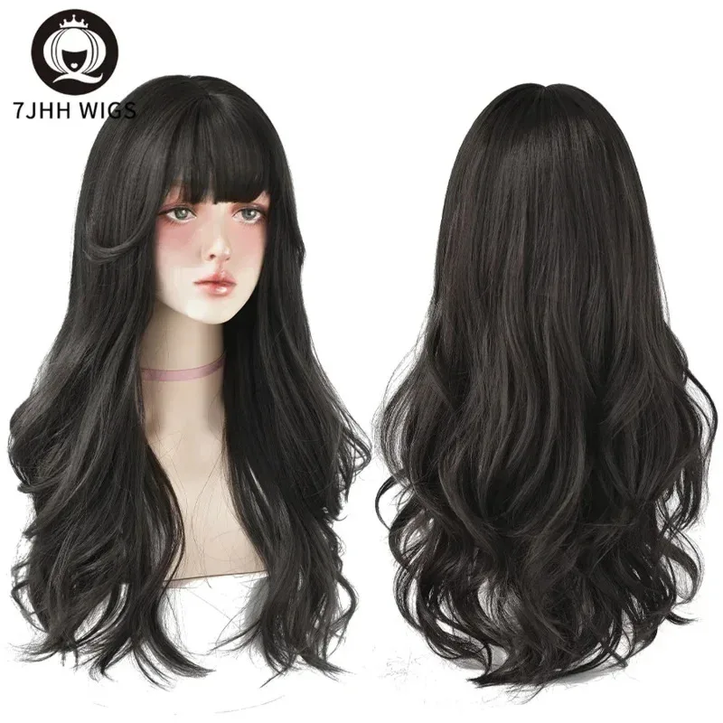 

Custom 7JHH WIGS Popular Brown Ash Long Deep Wave Hair Lolita Wigs With Bangs Synthetic Wig For Women Fashion Thick Curls Wi ZML
