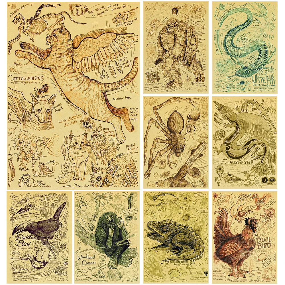 Mythical Creature Poster Cartoon Kraft Prints Paper Nostalgia Harajuku Cafe Wall Art Picture Modern for Fridge Decals Posters