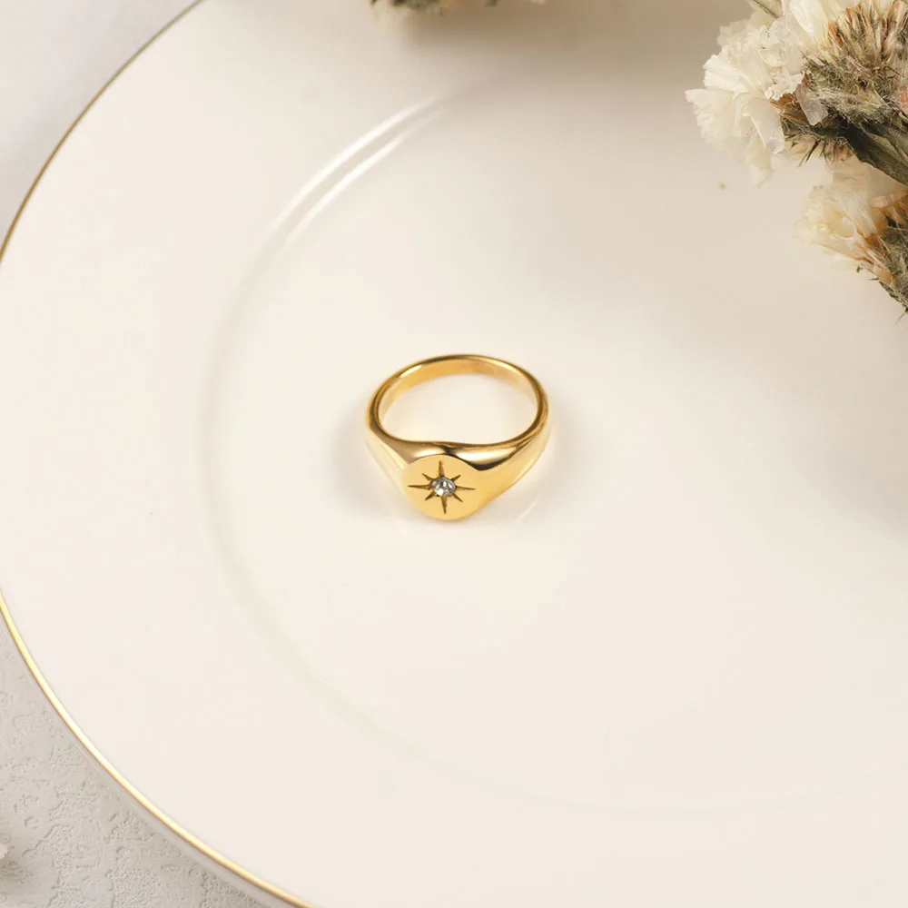 Valily North Star Stainless Steel Simple Signet Band Ring for Women Everyday Jewelry