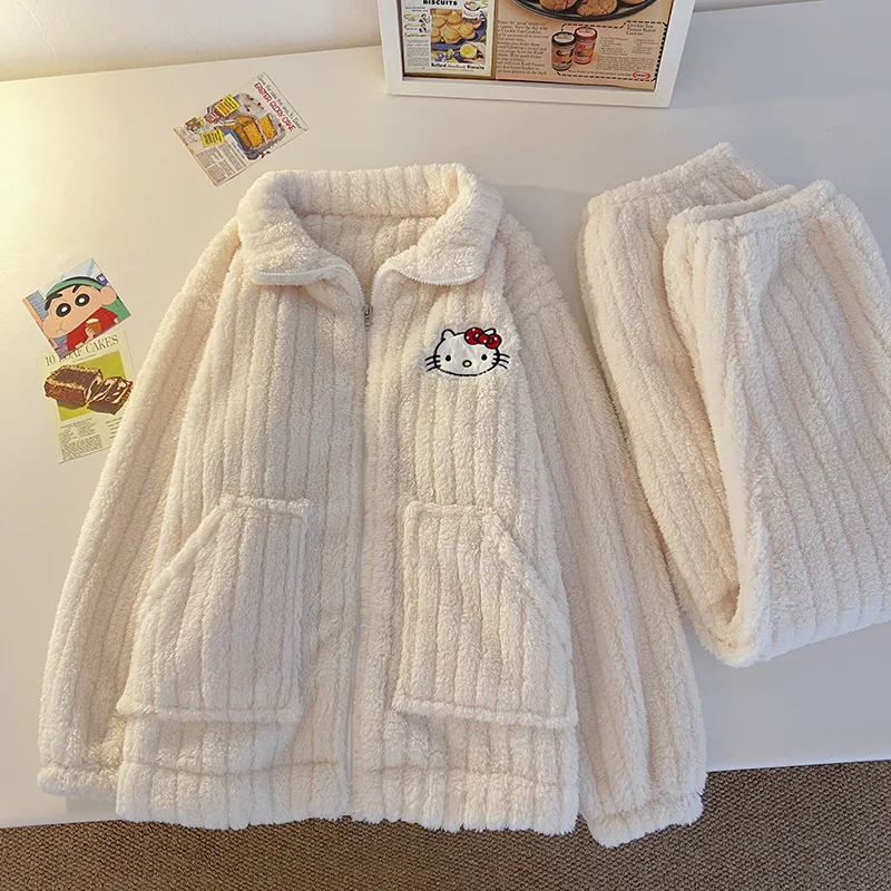 

Warm Pajamas Women Loungewear Set Winter Thickened Whitewith Fleece for Student Cute Hello Kitty Zipper Outerwear Home Clothes