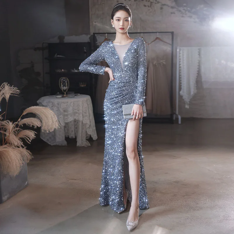 DongCMY Luxury Sequin Evening Dress New 2025 High-end Sexy Temperament Fishtail Dance Grey Dress Women