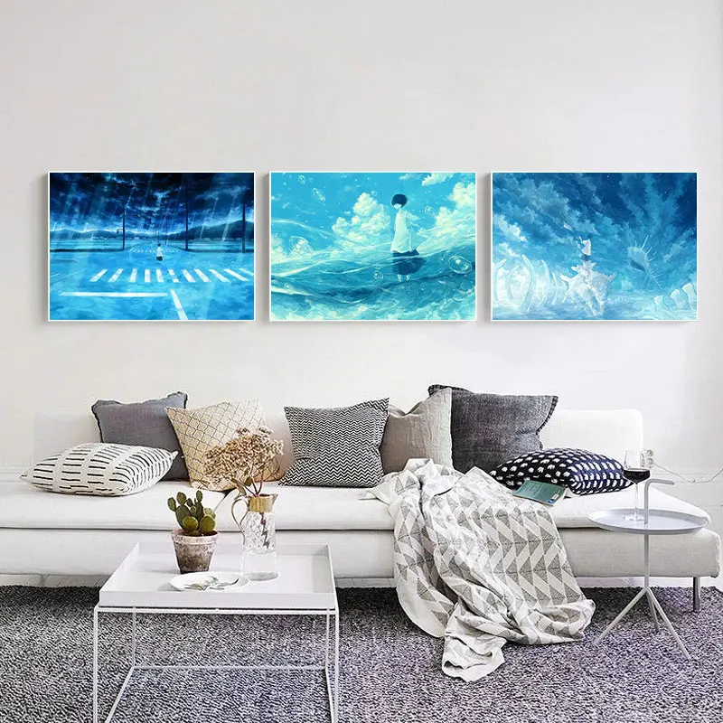 

Blue Scenery Sea Street White Shirt Youth Wall Art Canvas Painting Fashion Poster Wall Pictures Home Decor For Living Room Gifts