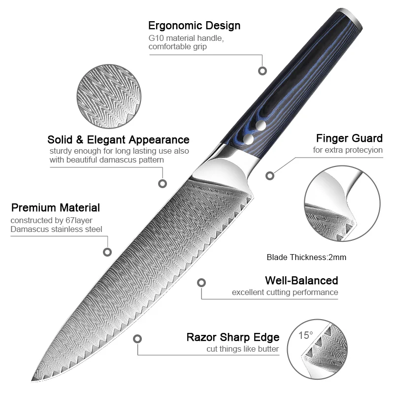 Damascus Chef\'s Knife 8 Inch Chef Knife Japanese VG10 Damascus Steel Slicing Knife Blue G10 Handle Ultra Sharp Kitchen Knife