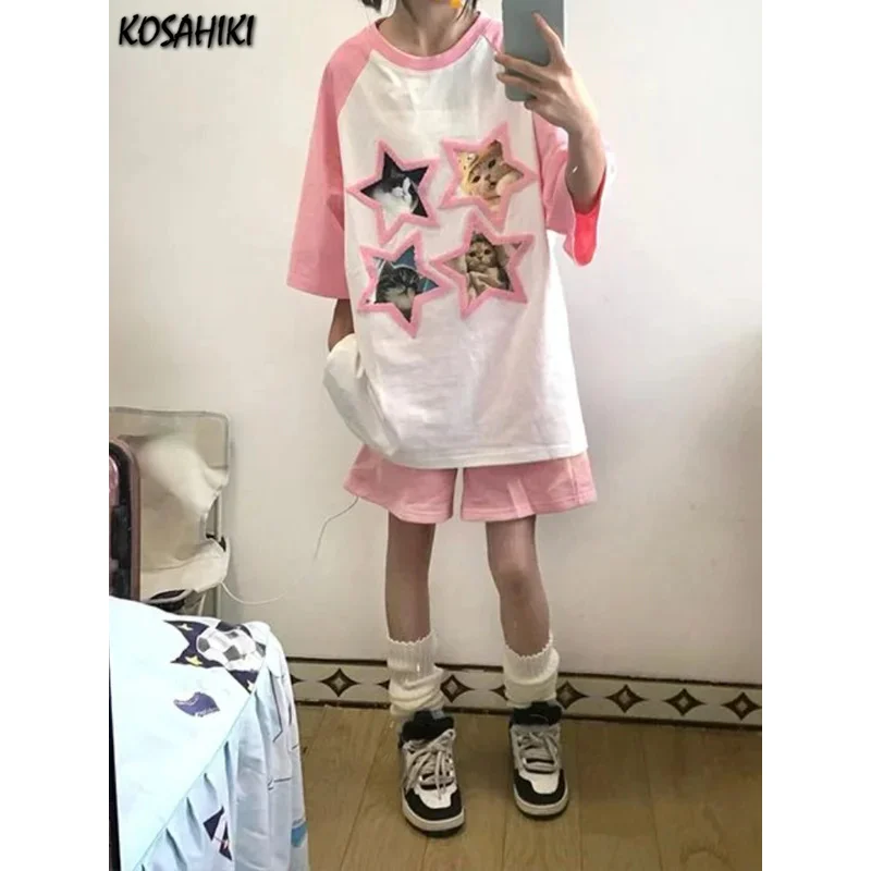 Japanese Y2k Aesthetic Tshirts Sweet Kawaii Cartoon Cat Print Women T-shirt Cute Loose Casual All Match Tee Shirts Summer Grunge