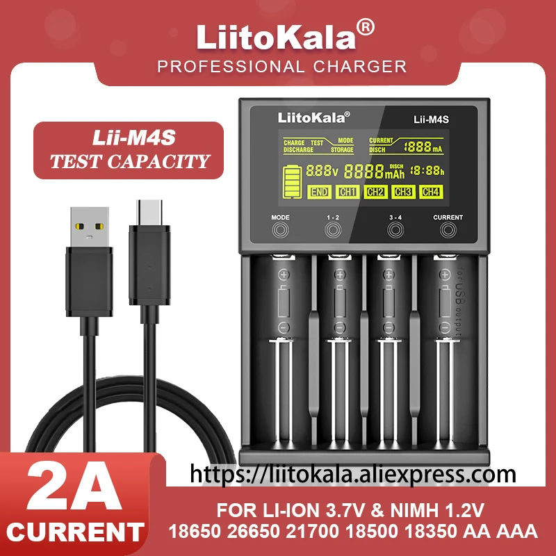 Liitokala Lii-CH2 Lii-M4S 3.7V 1.2V LCD Multifunction 18650 26650 21700 17355 18350 14500 AA AAA NIMH/CD Li-ion Battery Charger