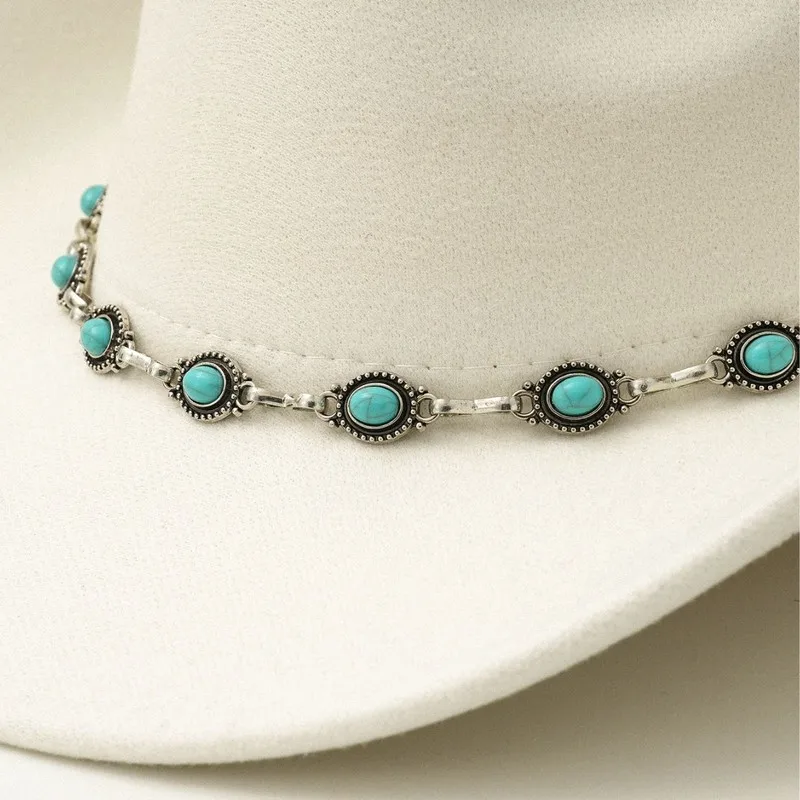 Retro ethnic , turquoise chain, top , cowboy , felt hat, bohemian style, new European and American designs