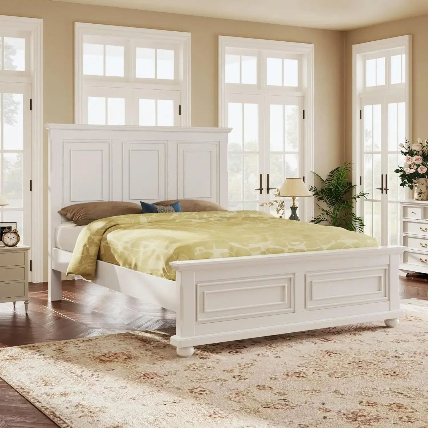 Queen Size Platform Bed with Tall Headboard & Footboard, Pinewood Queen Bed Frame with Wood Panel Bed Base, No Squeak