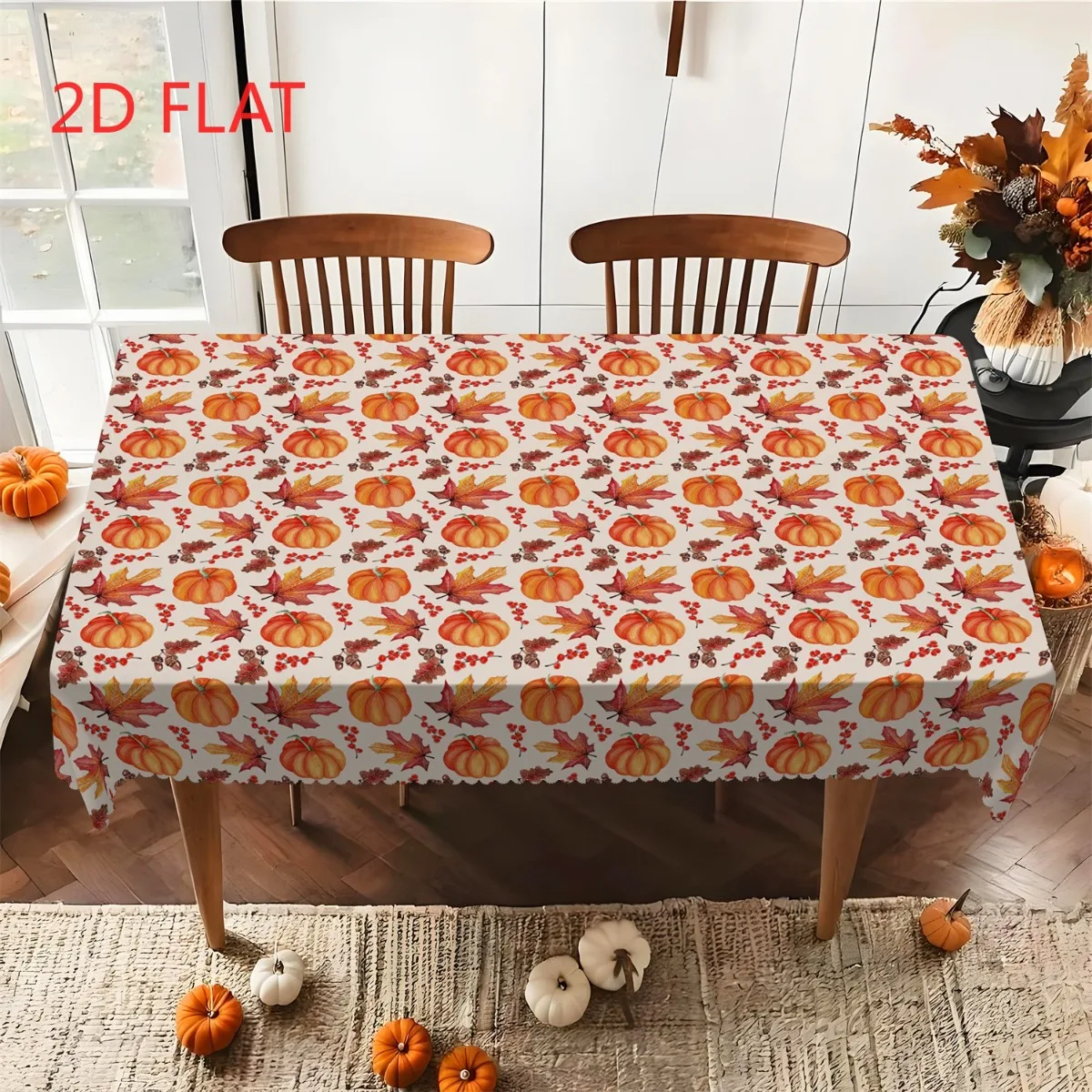 Tablecloth 1 piece 2d flat with patterns of orange pumpkin, red maple leaf, and walnut red berries printed all over.zyc