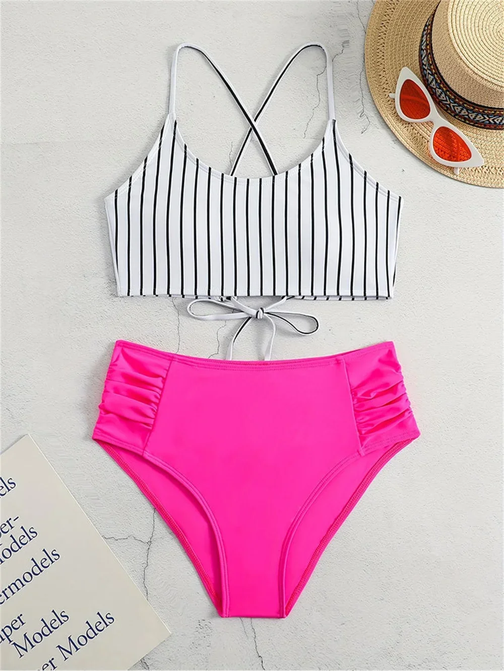 

Sexy Striped Bikini Top Drawstring Backless Swimsuit High Waist Vacation Swimwear Women Bathing Suit Beach Summer Outfit Bikinis