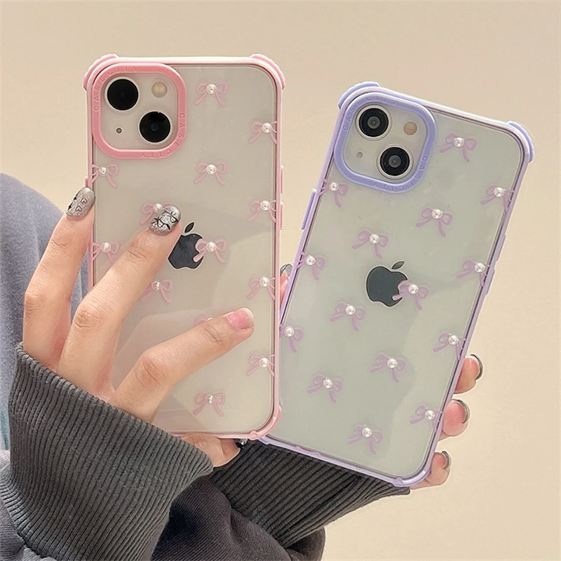 Cute 3D Pearl Bowknot Phone Case For iPhone 15 14 13 Pro Max Korea Girl INS Anti-fall Clear Soft Back Cover Friend Shell Gift