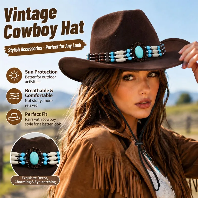 American‑Vintage Western Cowboy Hat for Women Decorated with Turquoise Beaded‑Band Breathable Wide‑Brim Headwear Ideal Accessory
