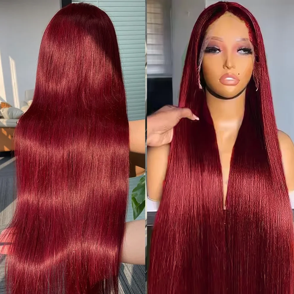

99J 13x6 HD Lace Frontal Human Hair Wig Burgundy Straight 13x4 Lace Front Human Hair Wig For Women Pre Pucked 42Inch 200 Density