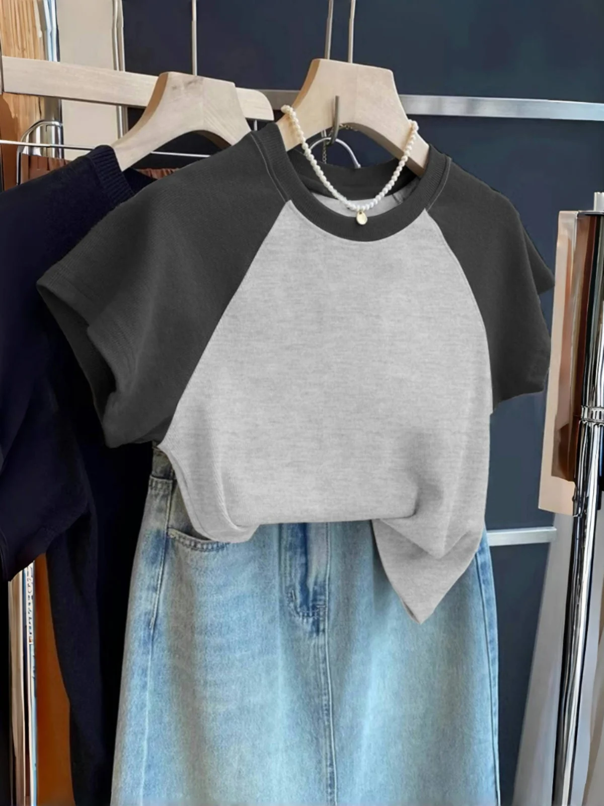 Pure Cotton Short Sleeve T-Shirt Women's Summer 2024 New Basic Hit Waist Design Half Sleeve Top Carbon Grey Color round Neck