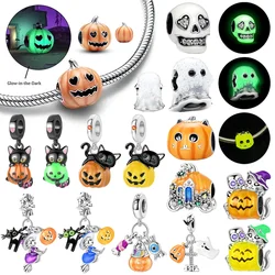 Original 925 Sterling Silver Luminous Beads Charms Pumpkin Ghost Skull Witch Candy for Pandora Bracelet Jewellery Halloween Gift