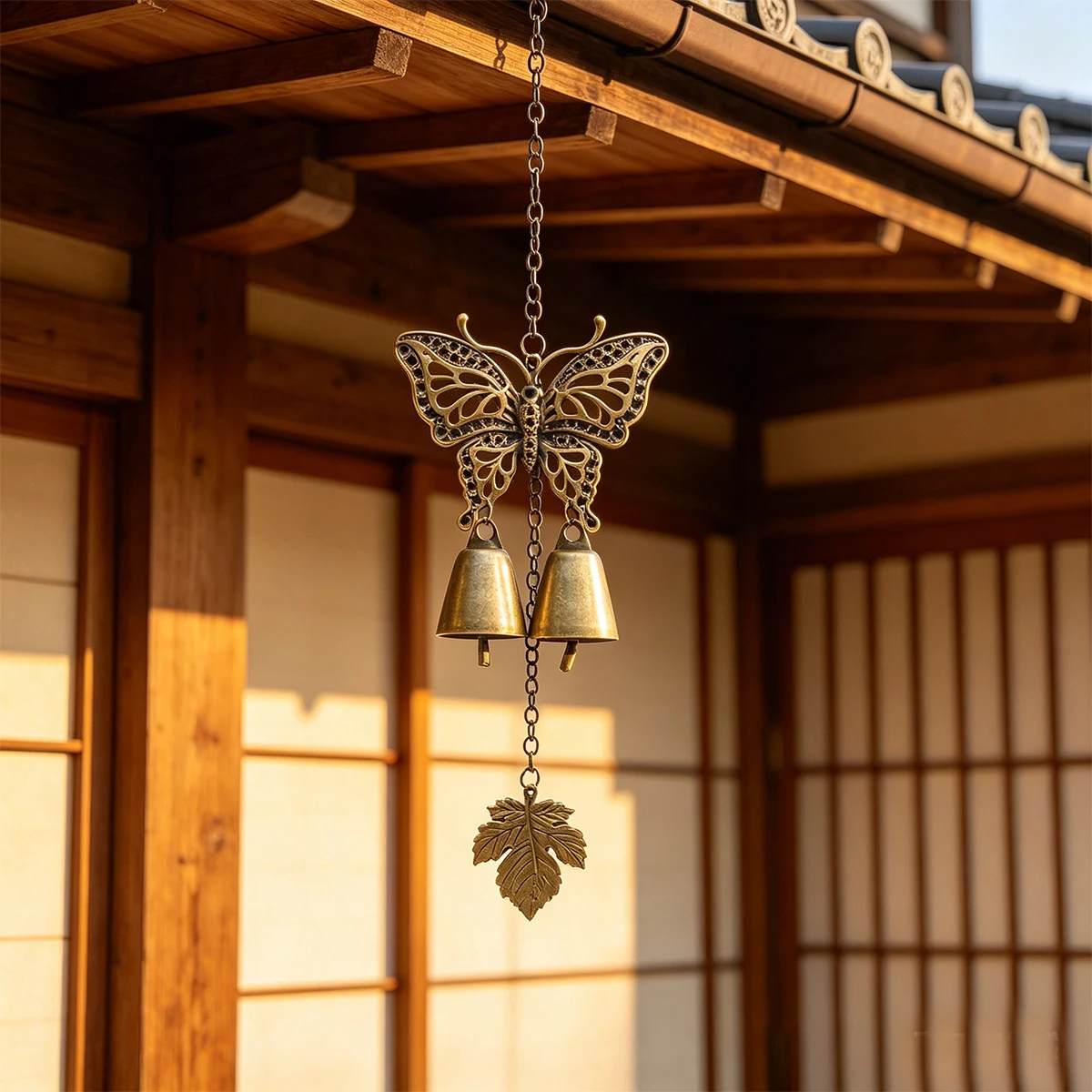 1Pc Metal Wind Chime, Featuring a Delicate Hollow Butterfly as the Main Element, with Two Metal Bells Hanging Below, and a Maple Leaf Pendant at the Bottom, Suitable for Hanging Decorations Outdoors, in Gardens, on Balconies or at Doorways, Not Only as a Decorative Item, but Also as a Practical and Decorative Feature, with the Bells Making a Pleasant Sound When the Breeze Blows.