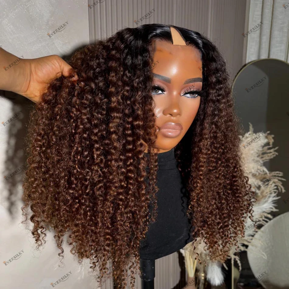 Ombre Brown Blonde Kinky Curly Human Hair V Part Wigs Glueless Machine Made High Density Black Women Easy Install Cheap Wigs