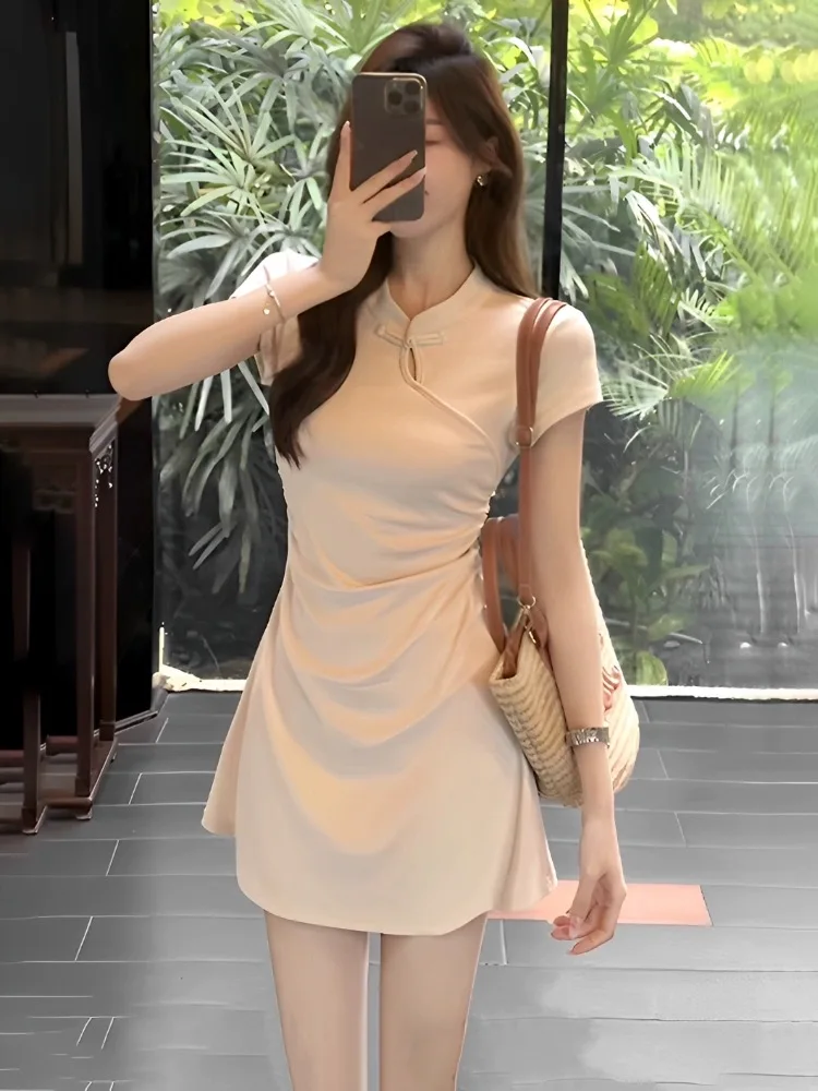 

Coigarsam женское летнее платье новые платья абрикосового цвета с коротким рукавом и высокой талией