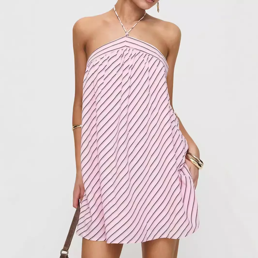 

Women's Sleeveless Backless Tie-Neck High Waist A-Line Dress Pink Stripe Halter Mini Dress Summer Stylish Casual Beach Vacation