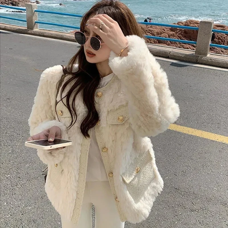 Rimocy Winter Round Neck Lamb Wool Jacket Women Korean Fashion Single Breasted Faux Fur Coats Woman Warm White Fluffy Coat Mujer