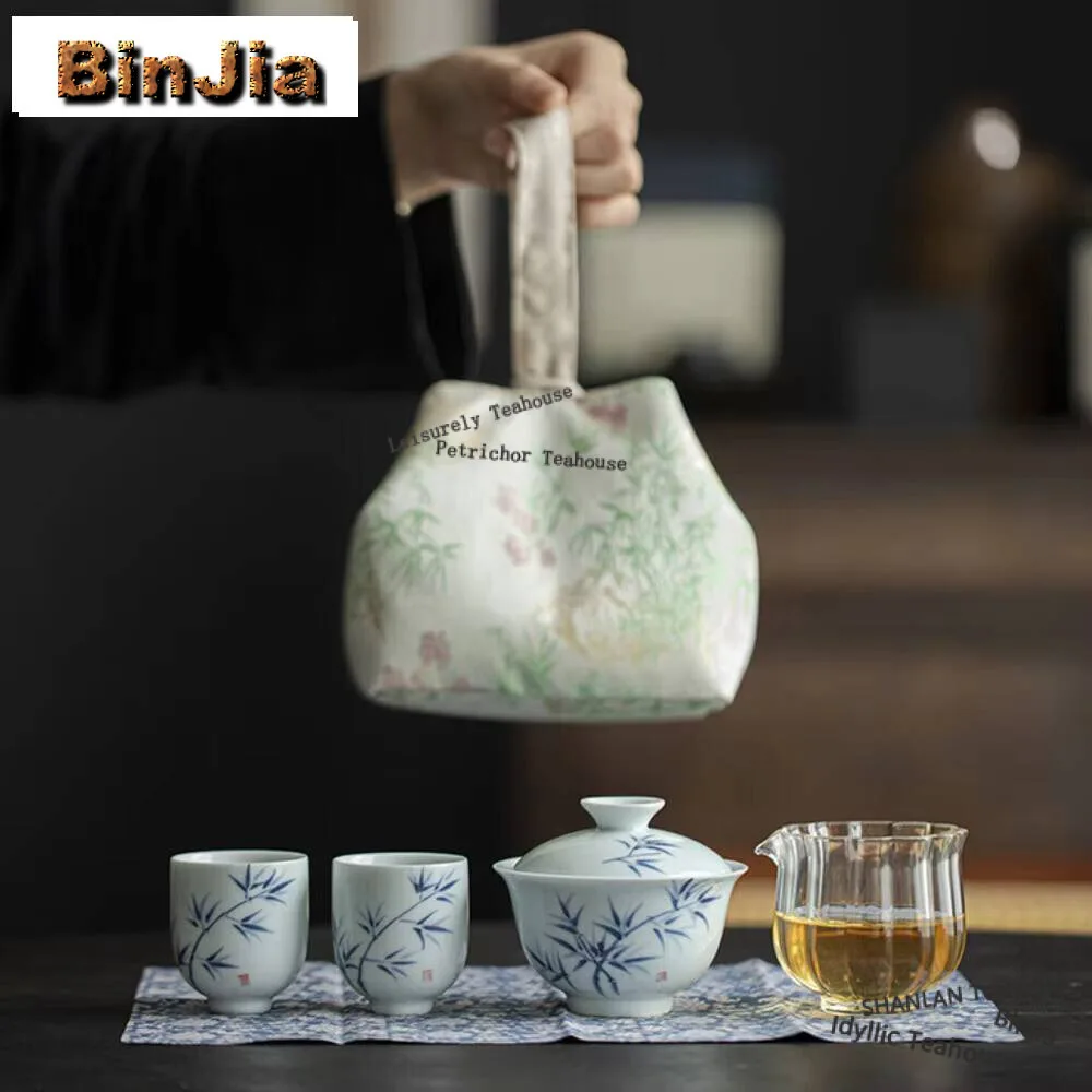 

Бамбуковый чайный сервиз с ручной росписью, креативный 1 горшок, 2 чашки, чайный сервиз для заваривания, дорожный чайный сервиз, портативный тканевый органайзер, сумка, принадлежности для кафе, подарок