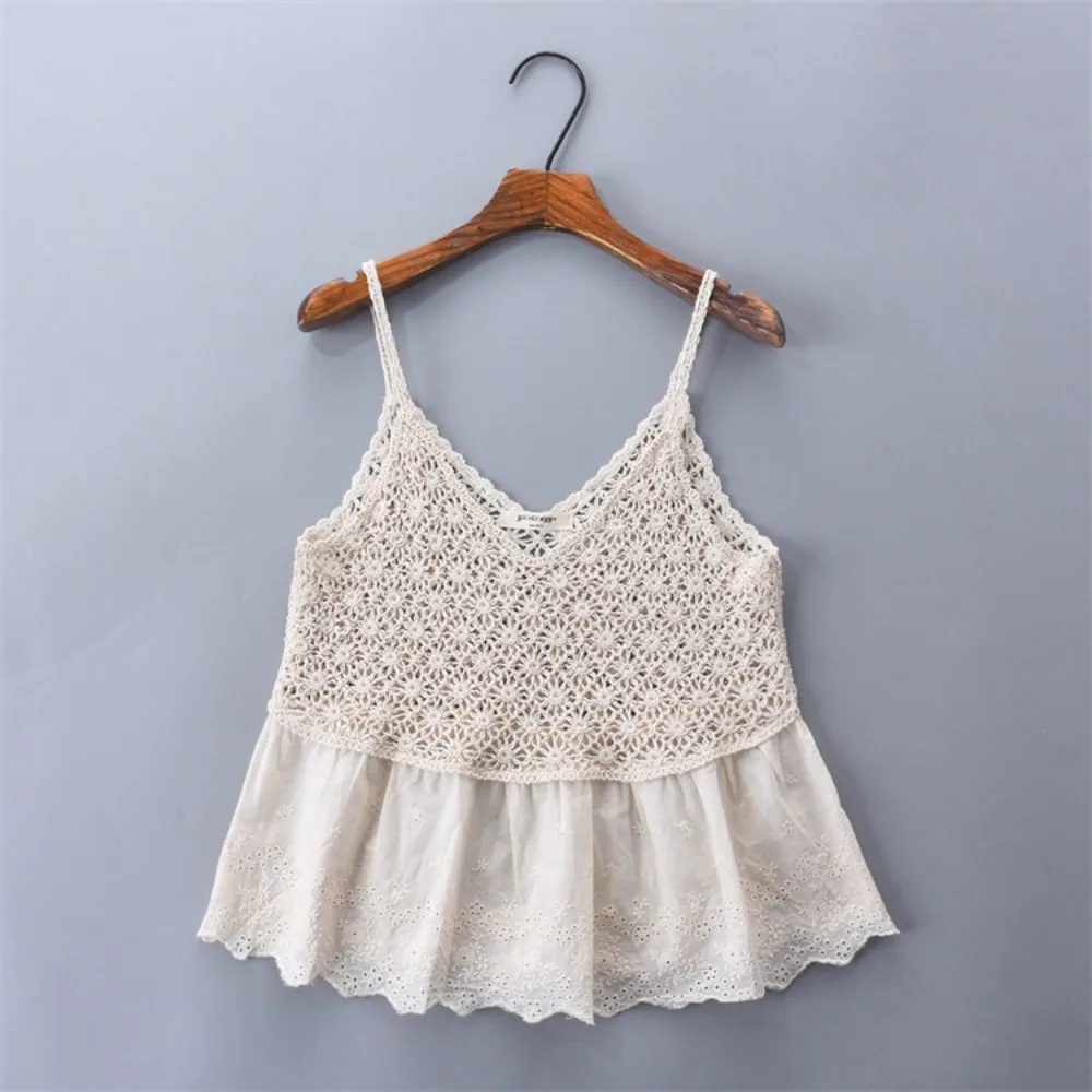 New Summer Embroidered Hollow Knit Top Bohemian Cotton Sleeveless Top Embroidered Sleeveless Knitted Tops Woman