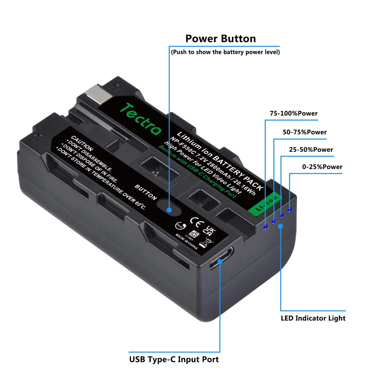 NP-F550 NP-F570 Battery Built-in Type-C Charging Port for Sony NP-F330 F530 F570 F970 F750 LED Video Light Photography Lighting