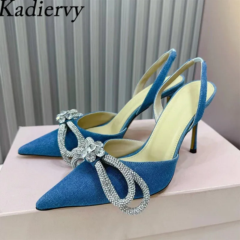 

Summer Shoes Women High Heels Rhinestone Butterfly-Knot Wedding Shoes Pointed Toe Satin Women Pumps Stiletto Sandals Woman