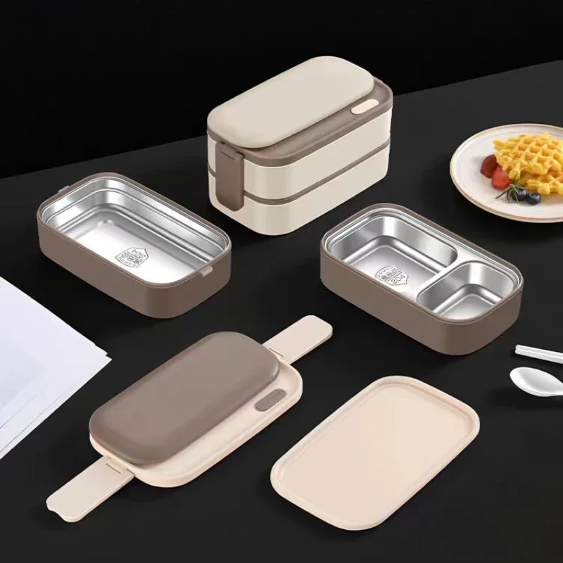 304 Stainless Steel Lunch Box 2 Layers Divided Microwavable Bento Box for Students Office Worker Portable Sealed Food Containers