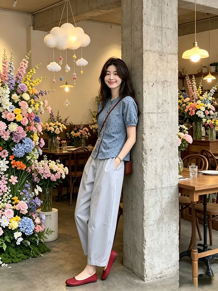 

Elegant Blue Polka Dot Shirt Set Summer 2026 Fashionable Ageless Lightweight Luxury Women's Nine-Piece Pants Regular Sleeve L...