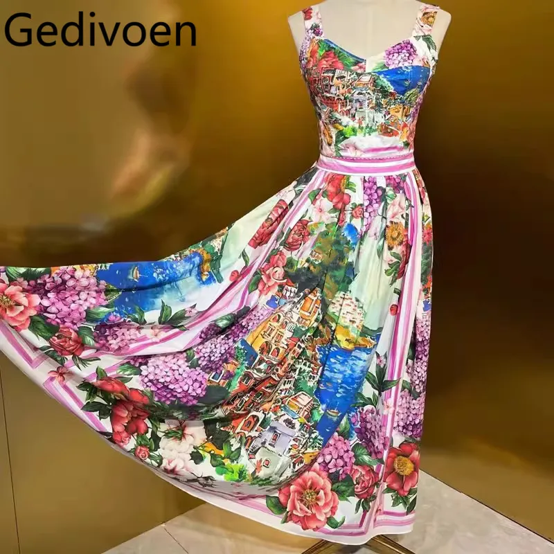 Gedivoen Summer Vacation Floral Women's Suit Spaghetti Strap Backless Slim Tops+Pleated Skirt Print Cotton 2 piece set