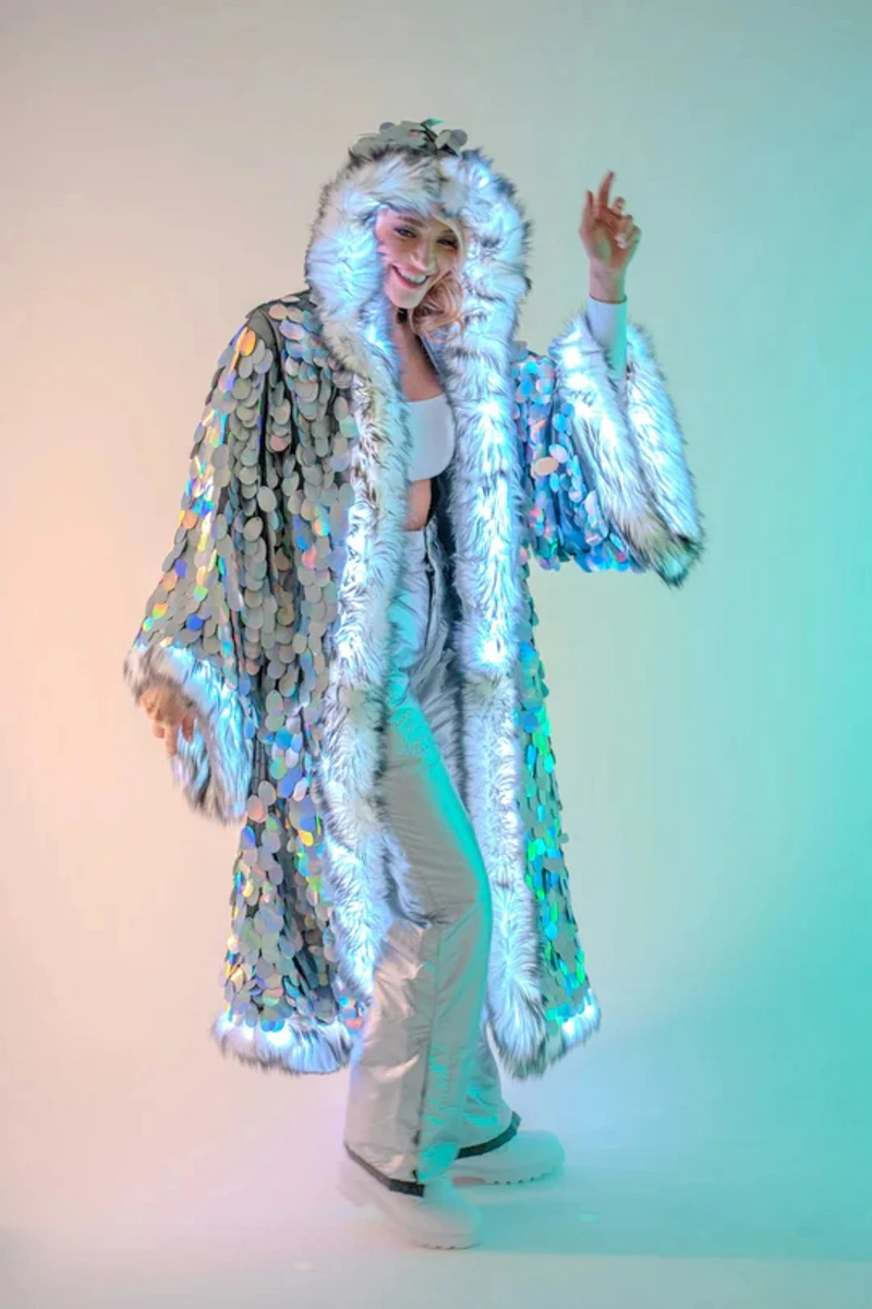 

New LED Costume Sequin Faux Fur Patchwork Coat for Women The Same Multi-scene Can Be Used High Quality Faux Fur Coat