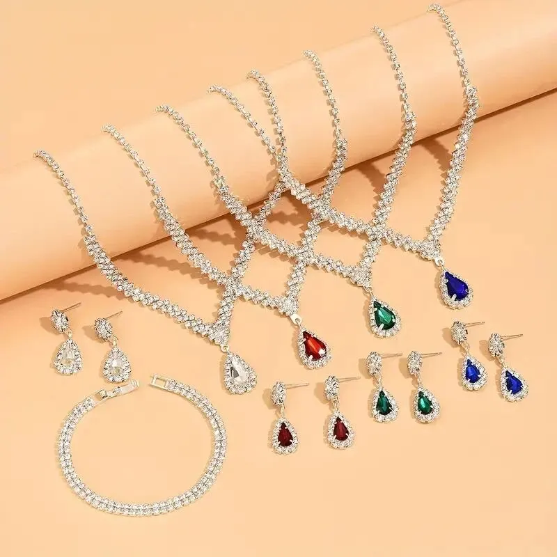 3pcs Set Red Water Dop Stone Necklace Earrings Bracelet Full Crystal Stone Necklace Blue Green Red Color Pendant Woment Jewelry