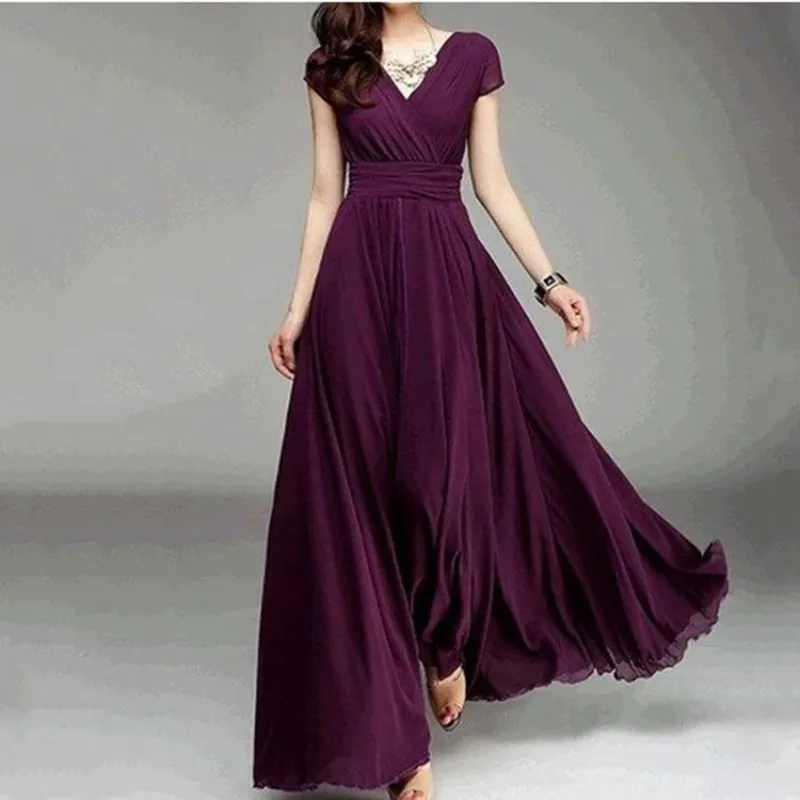 

Women's Short-Sleeved Chiffon Evening Dress, Female Party Dress, Monochromatic, Bohemian, Long, Elegant, New, 2025