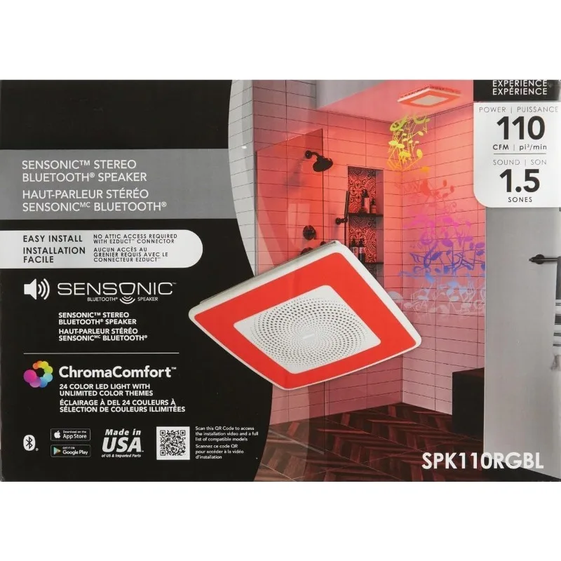 SPK110RGBL ChromaComfort พัดลมดูดอากาศในห้องน้ําพร้อมลําโพง Bluetooth Sensonic และไฟ LED สีขาว