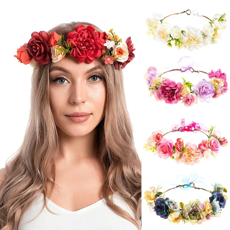 Rose Crown Hair Band Women Girls Spring Summer Beach Garland Girl Flower Wreath Wedding Floral Headband Party Wedding Headpiece