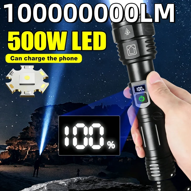 10000000LM Powerful Flashlight High Power 500W LED Flashlights Rechargeable Zoom Torch Light Long Range Hunting Tactical Lantern