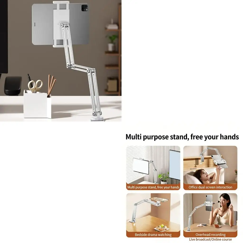 Aluminum Alloy Ergonomic Rotating Tablets Stand Foldable Adjustable Heights and Clamp Attachment for Viewing