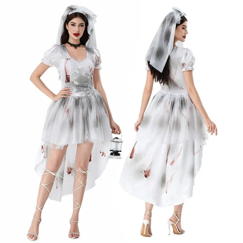 

New Halloween Witch Cosplay Costume Lightweight Veil with Irregular Skirt Bloody Gothic Theme Party Role Playing for Adult Women