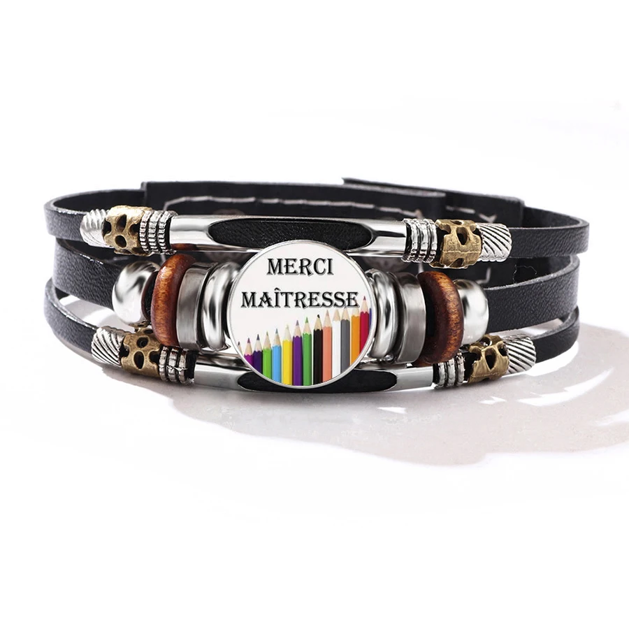 Thank You Teacher Colorful Pencils Round Glass Beaded Leather Bracelet Vintage Kindergarten Teacher Appreciation Wrist Ornament
