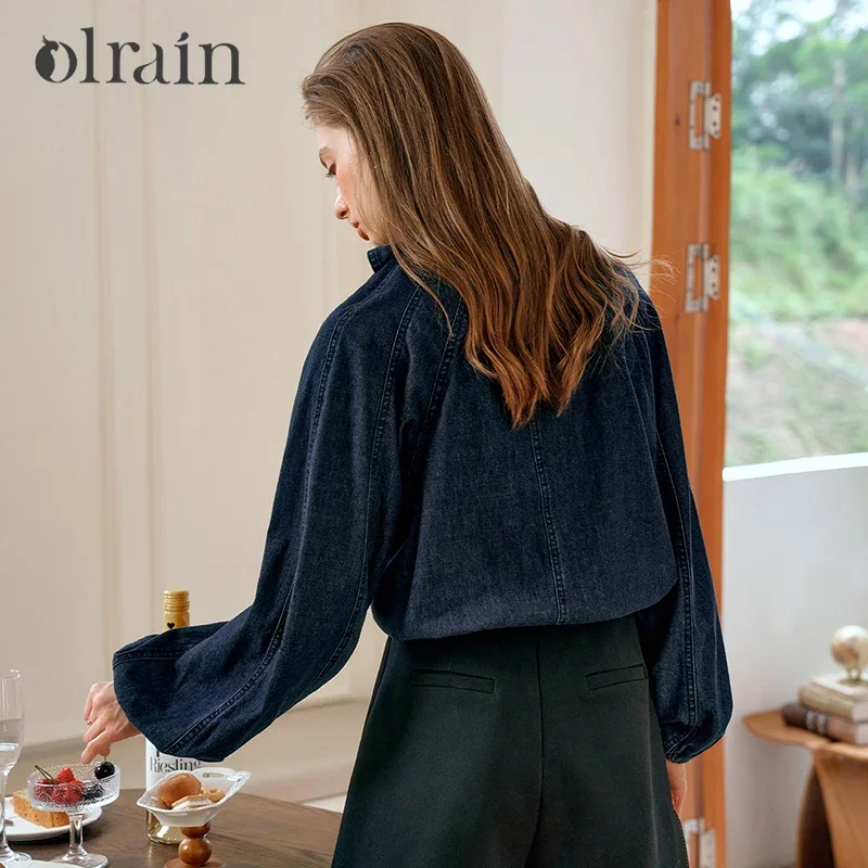 OLrain Cotton Denim Womens Blouses 2025 Spring Retro Lace Up Bow Stand Neck Long Sleeve Chic Metal Button Shirts M56QC85112