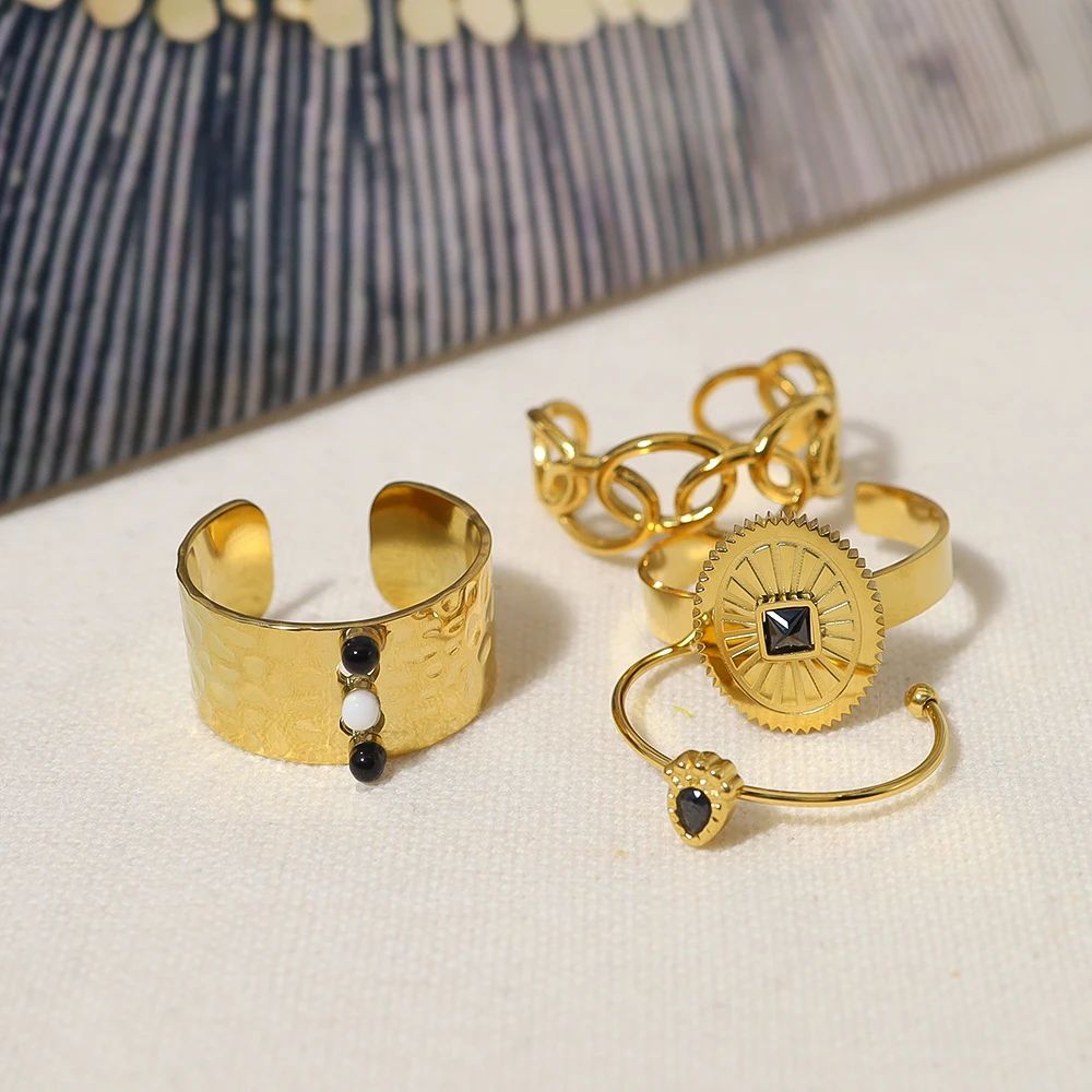 

WILD & FREE 18K Gold Plated Geometric Stainless Steel Rings for Women Black Crystal Vintage Waterproof Tarnish Free Jewelry