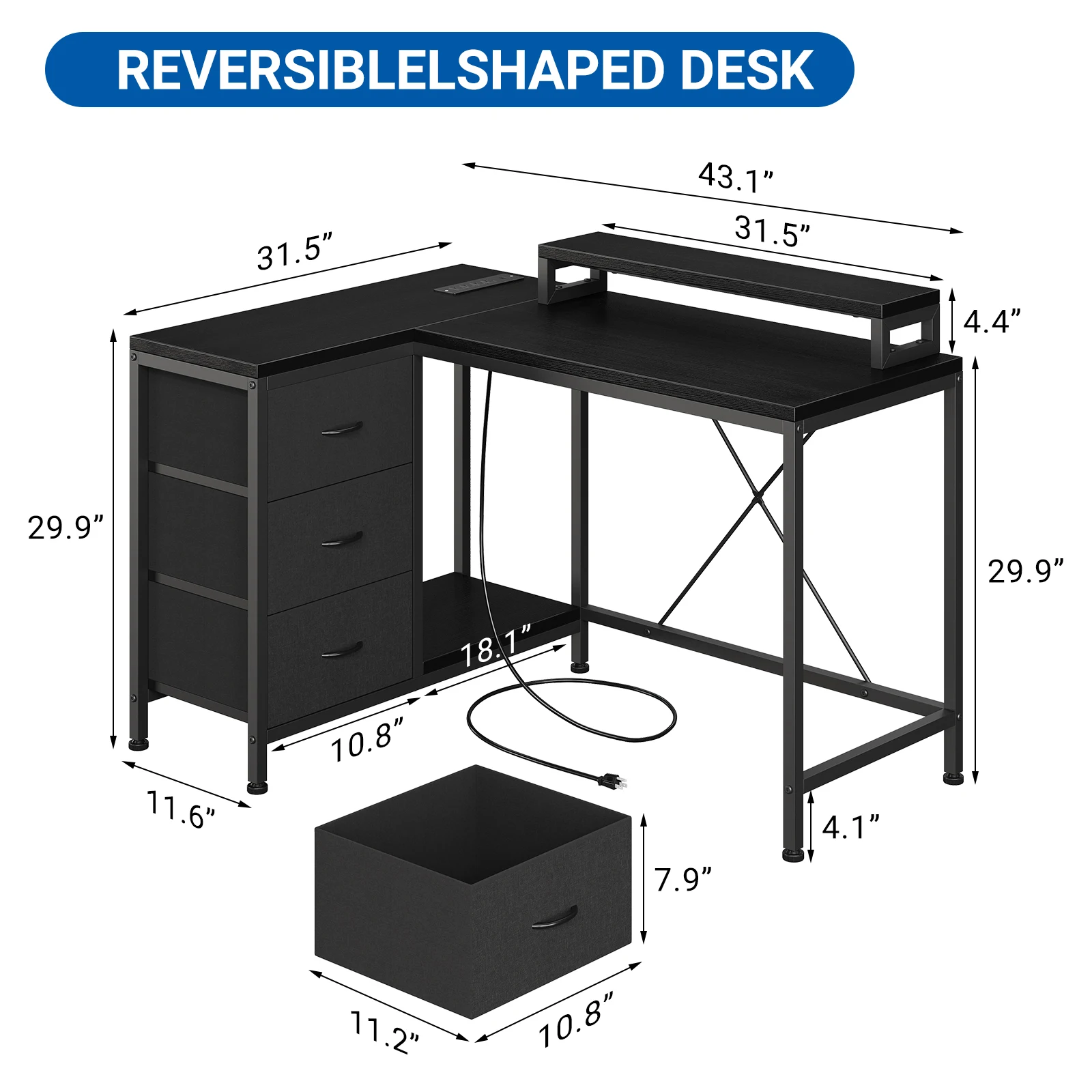 3 Drawers L Shaped Computer Desk with Power Outlets & LED Lights, Storage Shelves, Monitor Stand - Reversible Home Office Gaming Desk for Study or Work - Modern Corner Table