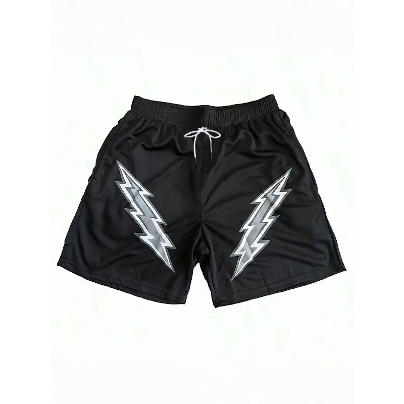 Black Basic Lightning Bolt Shorts, Worn Outdoors and Indoors in Summer