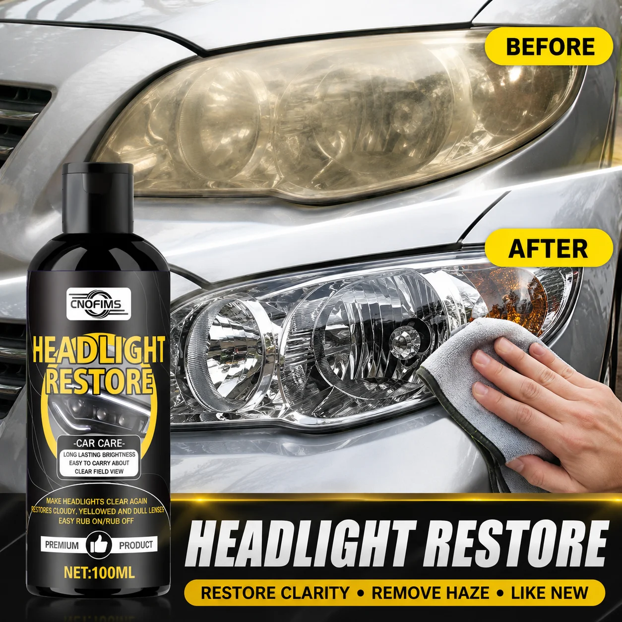 Professional Headlight Restorer, Removes Yellowing, Oxidation and Foggy Lenses, Restores Brightness and Clear Visibility