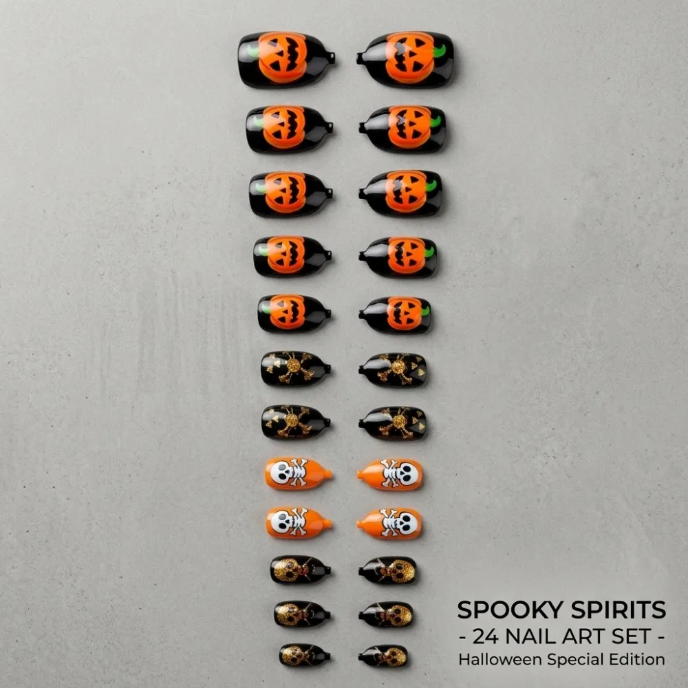 24Pcs Minimalist Pattern Fingernails Halloween Costume Ball Hand Decor Tip New Matte Black White Skull Graphic Press On Nails