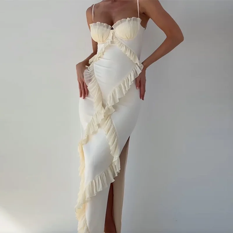 

2025 Sexy Lace Wrap Chest Women Long Dress Elegant Spliced Ruffles Evening Party Sling Dresses Fashion Slimming Fishtail Dress