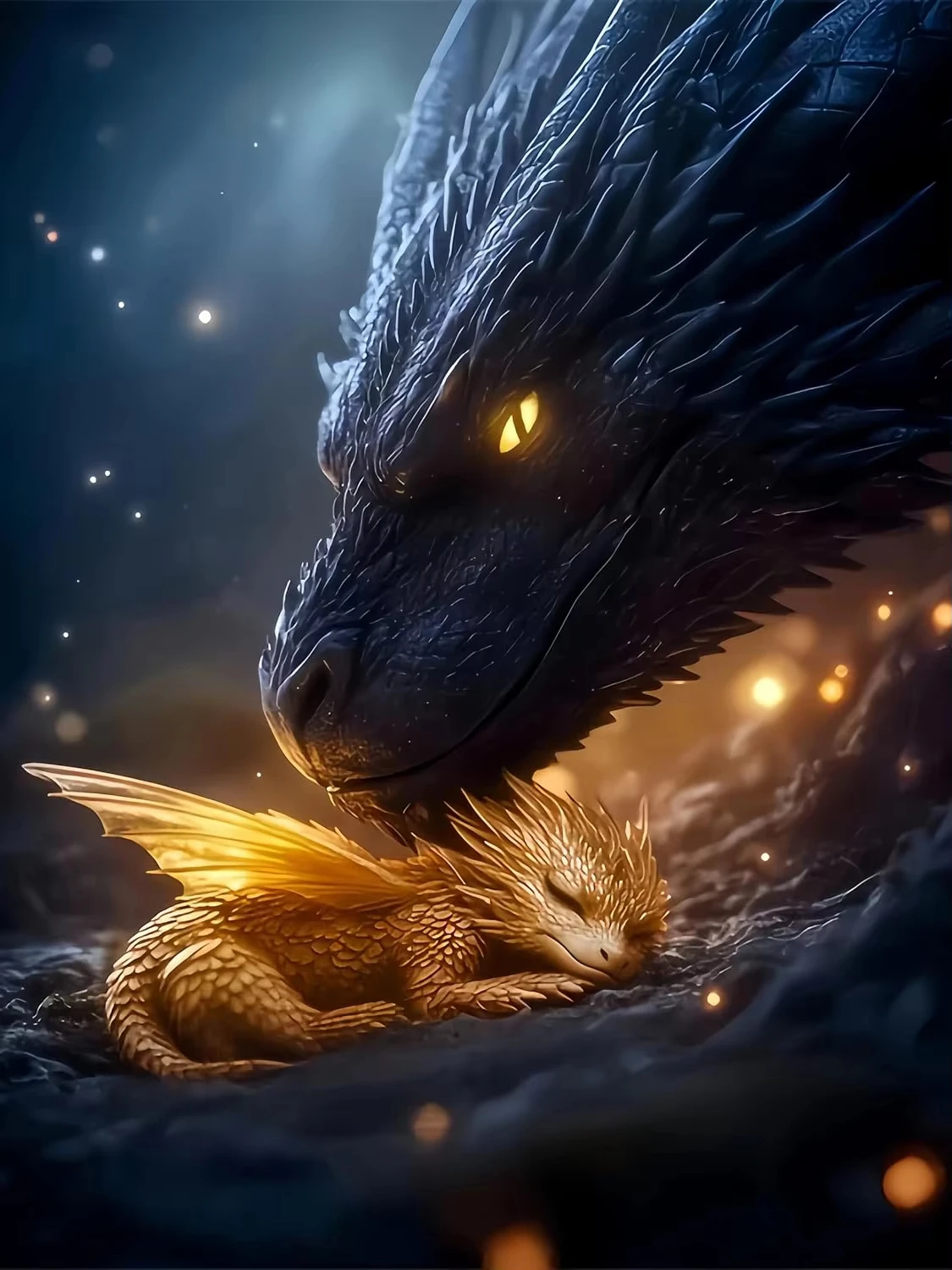 

Dark & Golden Guardian Dragon Jigsaw Puzzle, Night Spark Flame Parent-baby Myth Dragon Home Wall Decor