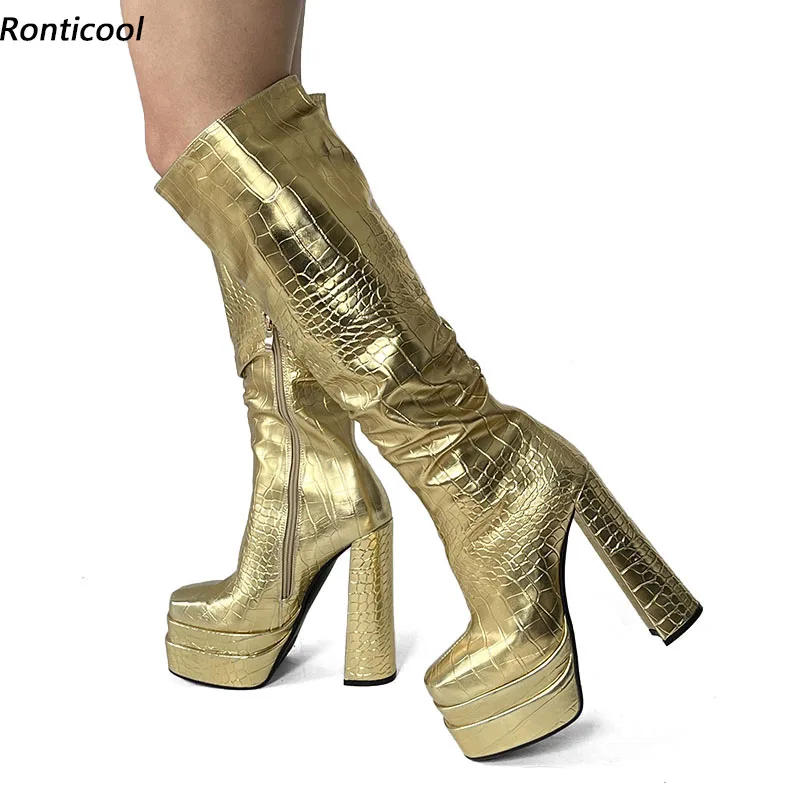 

Ronticool Women Winter Knee Boots Side Zipper Block High Heel Square Toe Gold Silver Night Club Shoes US Plus Size 3-10.5